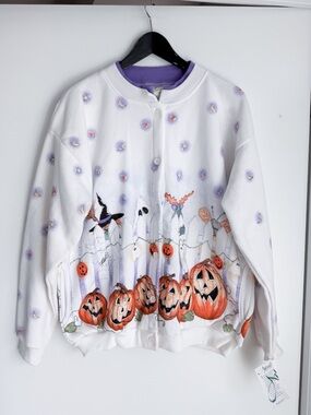 Vtg Y2K Artisans Halloween Pumpkin Jack O Lantern Button Sweatshirt NWT L AOP